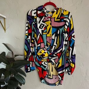 Vintage Art Deco Abstract Eclectic  Print Button Up Collar Blouse Shirt Size L